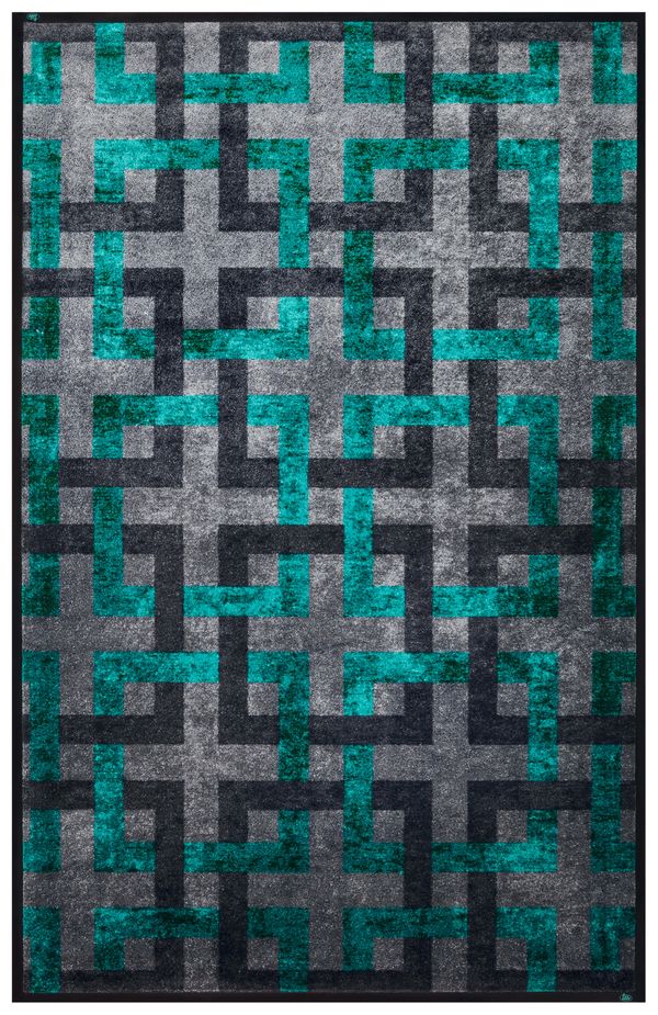 Teppich Piazza Verde in Grau und Türkis mit einem Muster aus Quadraten
